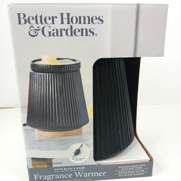 Better Homes & Gardens Electric Black Ribbed Ceramic Wax Warmer with Wood Base. - Picture 1 of 6